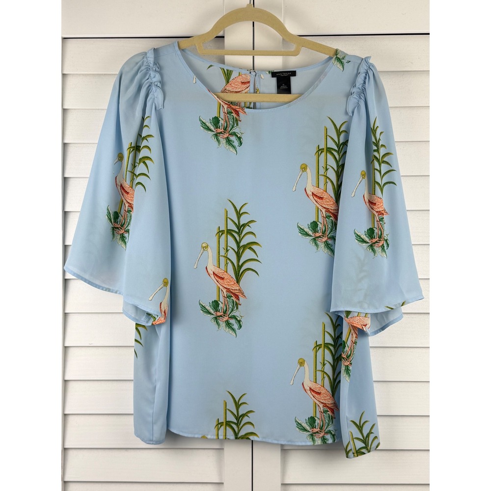 Ann Taylor Blouse‎ XL Blue Tropical Bird Flutter Sleeve Top